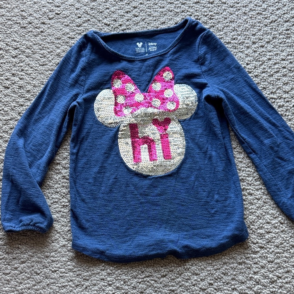 Disney Navy Long Sleeve Tee with Pink Sequin Minnie Accent